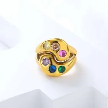JINHUI Chunky Gold Rings with Birthstones for Women