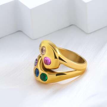 JINHUI Chunky Gold Rings for Women with Birthstones, Stainless Steel 18k Gold Plated Thick Statement Rings Jewelry (Size 6-8)