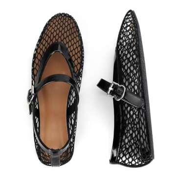 MICIFA Women's Mesh Ballet Flats Ballerina Fishnet Flats Buckle Mary Jane Flats Causal Daily Dress Shoes