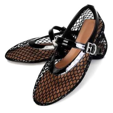 MICIFA Women's Mesh Ballet Flats Ballerina Fishnet Flats Buckle Mary Jane Flats Causal Daily Dress Shoes