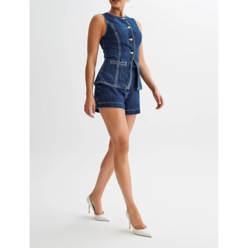 Chic Womens Denim Blazer Vest and Shorts Set