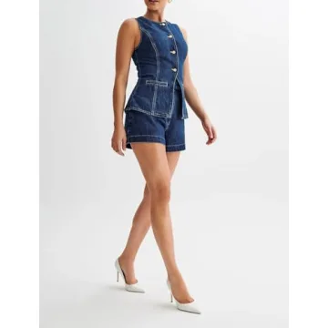 Chic Womens Denim Blazer Vest and Shorts Set