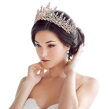 TOBATOBA Crystal Wedding Tiara for Women Rose Gold Crown Royal Queen Headband Metal Princess Bride Quinceanera Headpieces Birthday Prom Pageant Halloween Costume Cosplay