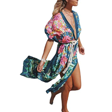 Bsubseach Women Floral Print Beach Kimono Cardigan Side Split Short Sleeve Bikini Swimsuit Cover Up ...