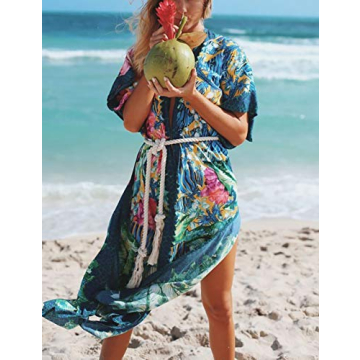 Bsubseach Women Floral Print Beach Kimono Cardigan Side Split Short Sleeve Bikini Swimsuit Cover Up with Belt