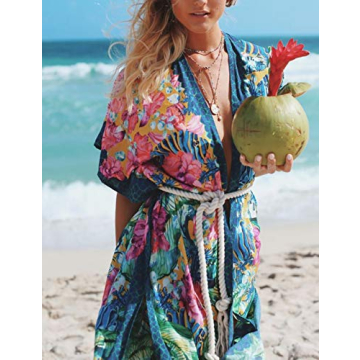 Bsubseach Women Floral Print Beach Kimono Cardigan Side Split Short Sleeve Bikini Swimsuit Cover Up with Belt
