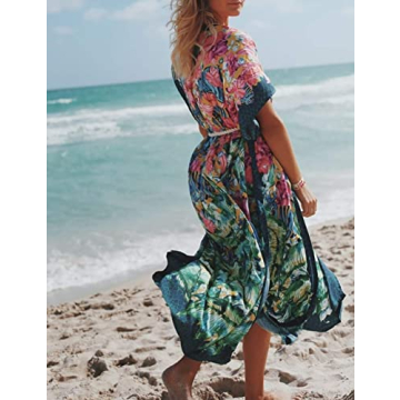 Bsubseach Women Floral Print Beach Kimono Cardigan Side Split Short Sleeve Bikini Swimsuit Cover Up with Belt