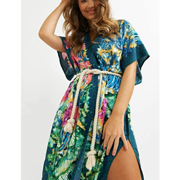 Bsubseach Women Floral Print Beach Kimono Cardigan Side Split Short Sleeve Bikini Swimsuit Cover Up with Belt