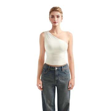 SUUKSESS Women Double Lined Going Out Trendy Crop Tops One Shoulder Ruched Casual Sleeveless Shirts (White,S)