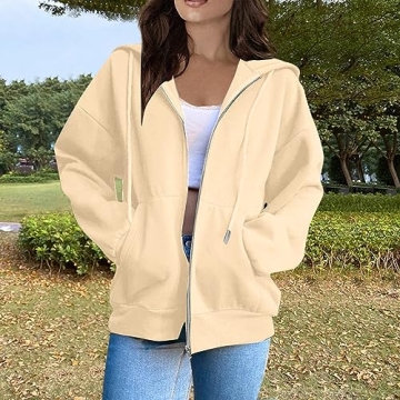 MKLUNJOP Women's Zip Up Hoodie - Oversized Casual Fall Jacket with Pockets in Beige