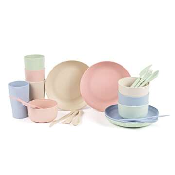HenoHouseware 24 Piece Dinnerware Set - Eco Friendly, Biodegradable, Kid Safe