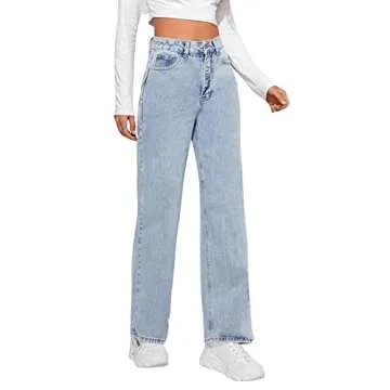 SweatyRocks Women's Casual Loose High Waist Solid Straight Wide Leg Jeans Light Wash S