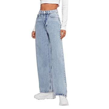 SweatyRocks Women's Casual Loose High Waist Solid Straight Wide Leg Jeans Light Wash S