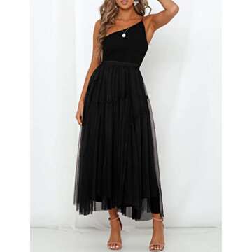 Womens Tulle Skirt A Line Pleated Midi Elastic Waist Mesh Flowy Chiffon Fairy Maxi Party Skirts Black