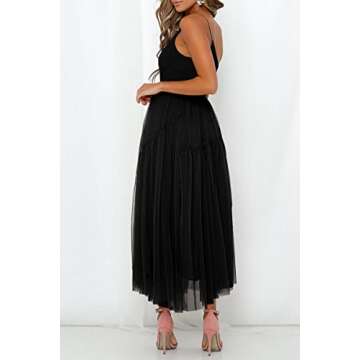 Womens Tulle Skirt A Line Pleated Midi Elastic Waist Mesh Flowy Chiffon Fairy Maxi Party Skirts Black