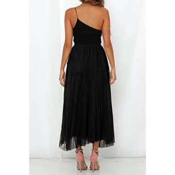 Womens Tulle Skirt A Line Pleated Midi Elastic Waist Mesh Flowy Chiffon Fairy Maxi Party Skirts Black