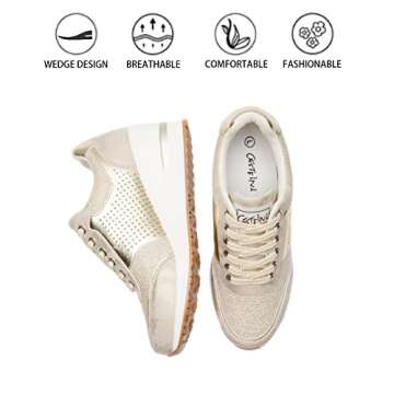 Cestfini Gold High Heel Wedge Sneakers for Women Dressy Fashion Platform Sneakers Hidden Wedge Sneakers Tennis Shoes