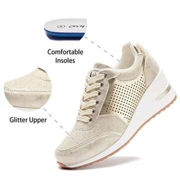 Cestfini Gold High Heel Wedge Sneakers for Women Dressy Fashion Platform Sneakers Hidden Wedge Sneakers Tennis Shoes