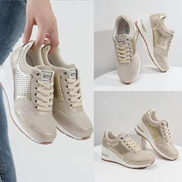 Cestfini Gold High Heel Wedge Sneakers for Women Dressy Fashion Platform Sneakers Hidden Wedge Sneakers Tennis Shoes