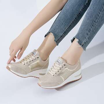 Cestfini Gold High Heel Wedge Sneakers for Women Dressy Fashion Platform Sneakers Hidden Wedge Sneakers Tennis Shoes