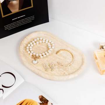 N NANSHOP Natural Travertine Tray, Special-Shaped Jewelry Tray, Marble Ring Dish for Bathroom, Dressing Table, Bedside Table, Home Decor, Beige(Middle)