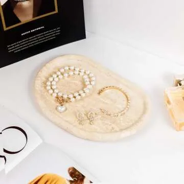N NANSHOP Natural Travertine Tray, Special-Shaped Jewelry Tray, Marble Ring Dish for Bathroom, Dressing Table, Bedside Table, Home Decor, Beige(Middle)