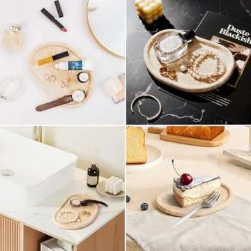 N NANSHOP Natural Travertine Tray, Special-Shaped Jewelry Tray, Marble Ring Dish for Bathroom, Dressing Table, Bedside Table, Home Decor, Beige(Middle)