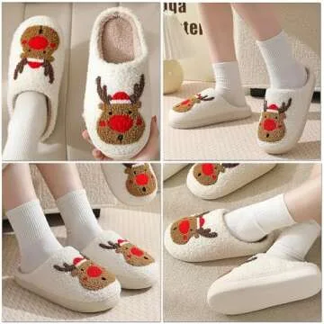 FOCUSIN Christmas Reindeer Slippers House Shoes for Women Fluffy Soft Cozy Bedroom Cartoon Plush Cute Slippers for Indoor Outdoor Use (Christmas Elk, 7.5)