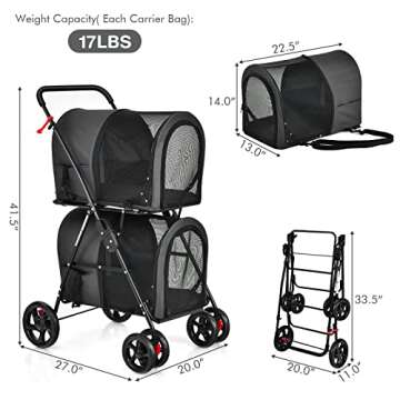 Giantex Double Pet Stroller with 2 Detachable Carrier Bags, Safety Belt, 4 Lockable Wheels Cat Stroller Travel Carrier Strolling Cart, Folding Dog Stroller for Small Medium Dogs Cats Puppy (Black)