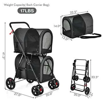 Giantex Double Pet Stroller with 2 Detachable Carrier Bags, Safety Belt, 4 Lockable Wheels Cat Stroller Travel Carrier Strolling Cart, Folding Dog Stroller for Small Medium Dogs Cats Puppy (Black)