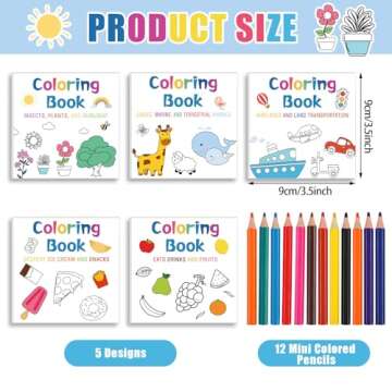 Sinload 5 Pcs Mini Coloring Books with 12 Mini Pencils Variety Pack Pocket Size Small Coloring Books...