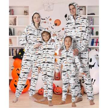 YEAXLUD Family Matching Halloween Pajamas Adult Onesie Mummy Costumes Woman Kids Couples Men Pjs Women's Novelty One-piece Spooky Halloween Spider Pumpkin Sugar Pajamas(Mummy Youth 8-10)