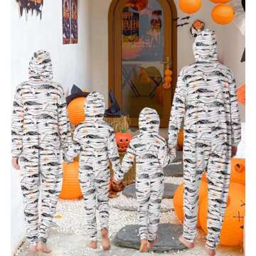 YEAXLUD Family Matching Halloween Pajamas Adult Onesie Mummy Costumes Woman Kids Couples Men Pjs Women's Novelty One-piece Spooky Halloween Spider Pumpkin Sugar Pajamas(Mummy Youth 8-10)