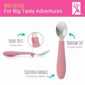 Elk and Friends Kids Silverware with Silicone Handle | Childrens Safe Flatware | Toddler Utensils | Baby Spoons + Forks | Stainless Steel Cutlery