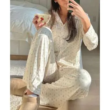 Women 2 Piece Floral Pajamas Lounge Set Y2K Long Sleeve Shirt Wide Leg Pants Sleepwear Pj Matching Sets(B Floral Beige White,Small