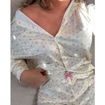 Women 2 Piece Floral Pajamas Lounge Set Y2K Long Sleeve Shirt Wide Leg Pants Sleepwear Pj Matching Sets(B Floral Beige White,Small