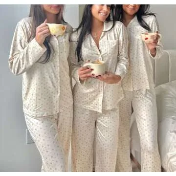 Women 2 Piece Floral Pajamas Lounge Set Y2K Long Sleeve Shirt Wide Leg Pants Sleepwear Pj Matching Sets(B Floral Beige White,Small