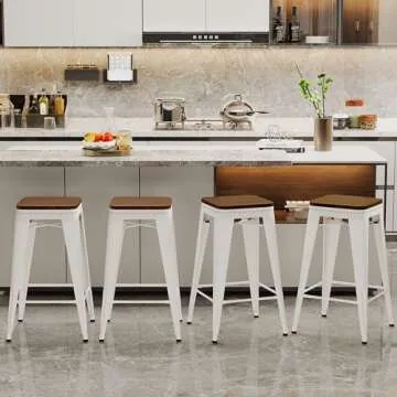 Alunaune 24" Metal Bar Stools Set of 4 Industrial Backless Counter Height Barstools Kitchen Patio Stool Stackable with Wooden Seat- White