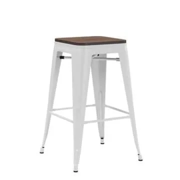 Alunaune 24" Metal Bar Stools Set of 4 Industrial Backless Counter Height Barstools Kitchen Patio Stool Stackable with Wooden Seat- White