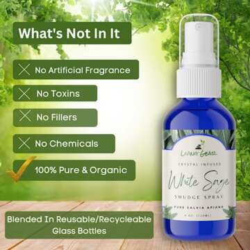 White Sage Smudge Spray for Energy Clearing & Purification - A Clean, Safe Alternative to Burning Sage - 100% Pure Salvia Apiana - Crystal Infused - 4 oz.