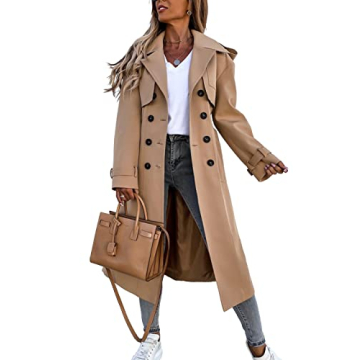 Fisoew Women's Double Breasted Long Trench Coat Windproof Classic Lapel Belted Overcoat with Pockets