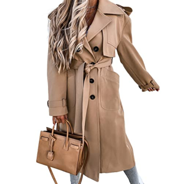 Fisoew Women's Double Breasted Long Trench Coat Windproof Classic Lapel Belted Overcoat with Pockets