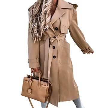 Fisoew Women's Double Breasted Long Trench Coat Windproof Classic Lapel Belted Overcoat with Pockets