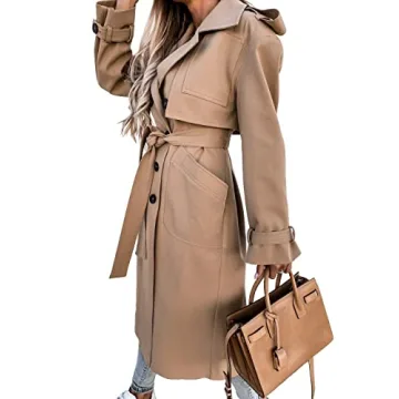 Fisoew Women's Double Breasted Long Trench Coat Windproof Classic Lapel Belted Overcoat with Pockets