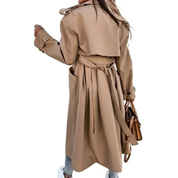 Fisoew Women's Double Breasted Long Trench Coat Windproof Classic Lapel Belted Overcoat with Pockets