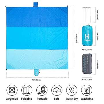 HIHOHO Beach Blanket Sandproof, Lager 82" X79" Family Size Beach Mat for 2-4 Adults Compact Lightweight Outdoor Beach Accessories Portable Waterproof Mat for Travel Camping Hiking Vacation