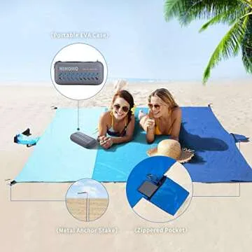 HIHOHO Beach Blanket Sandproof, Lager 82" X79" Family Size Beach Mat for 2-4 Adults Compact Lightweight Outdoor Beach Accessories Portable Waterproof Mat for Travel Camping Hiking Vacation