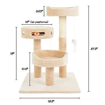 Cat Tree - 3-Tier Tall Cat Tower Condo with 2 Napping Perches, Sisal Rope Scratching Post, Hanging M...