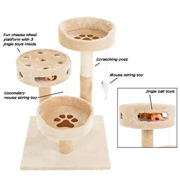 Cat Tree - 3-Tier Tall Cat Tower Condo with 2 Napping Perches, Sisal Rope Scratching Post, Hanging Mouse and Interactive Wheel Toy by PETMAKER (Beige), 27.5"
