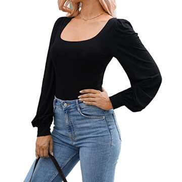 MANGOPOP Square Neck Puff Sleeve Bodysuit Loose Lantern Long Sleeve Body Suit for Women for Going Out